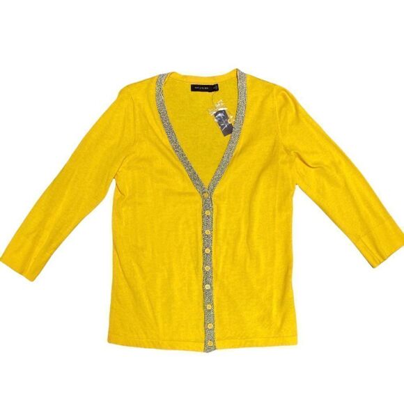 The Limited Mustard & Gold Shimmer 3/4 Sleeve Cardigan Size Medium NWT - Picture 3 of 6